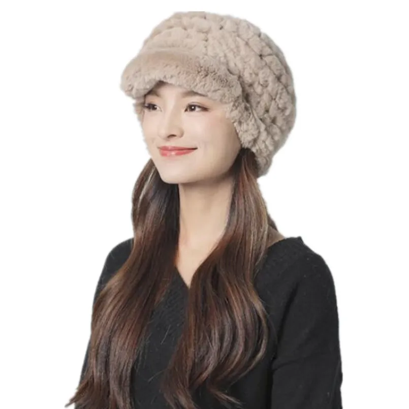 

Knitted Real Rex Rabbit Fur Hat Women Winter Warm Winter Fluffy Baseball Cap