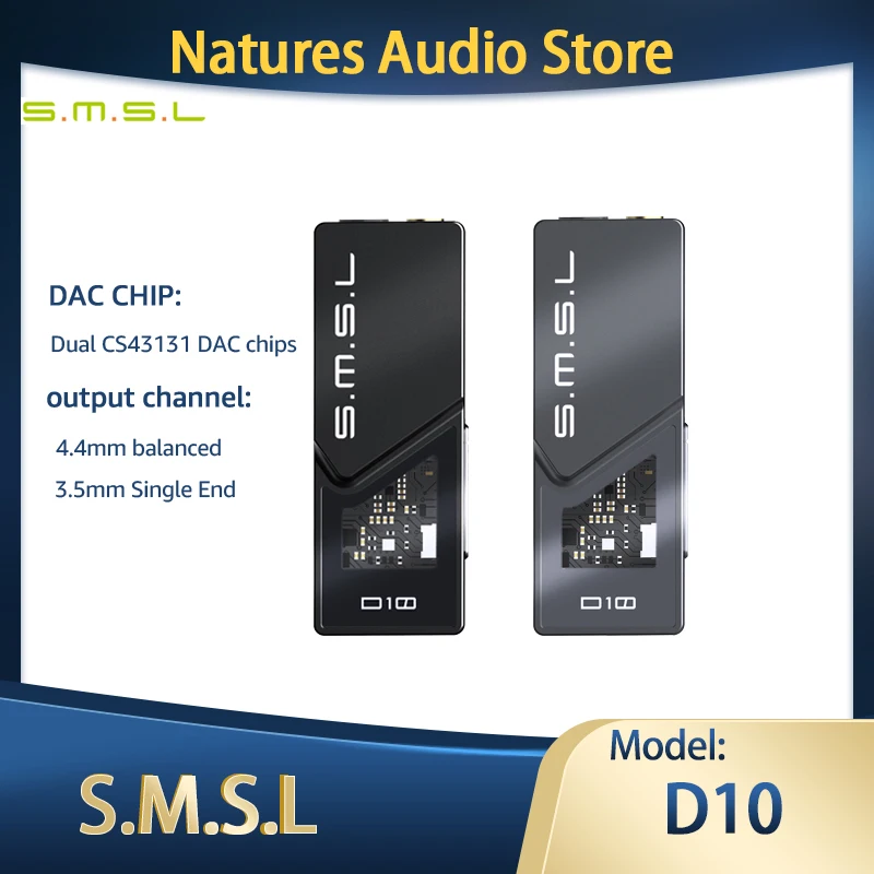 

SMSL D10 Portable USB DAC Dual CS43131 Chip Headphone Amplifier with 4.4mm Balanced Output Amps Cell Phone Dongle