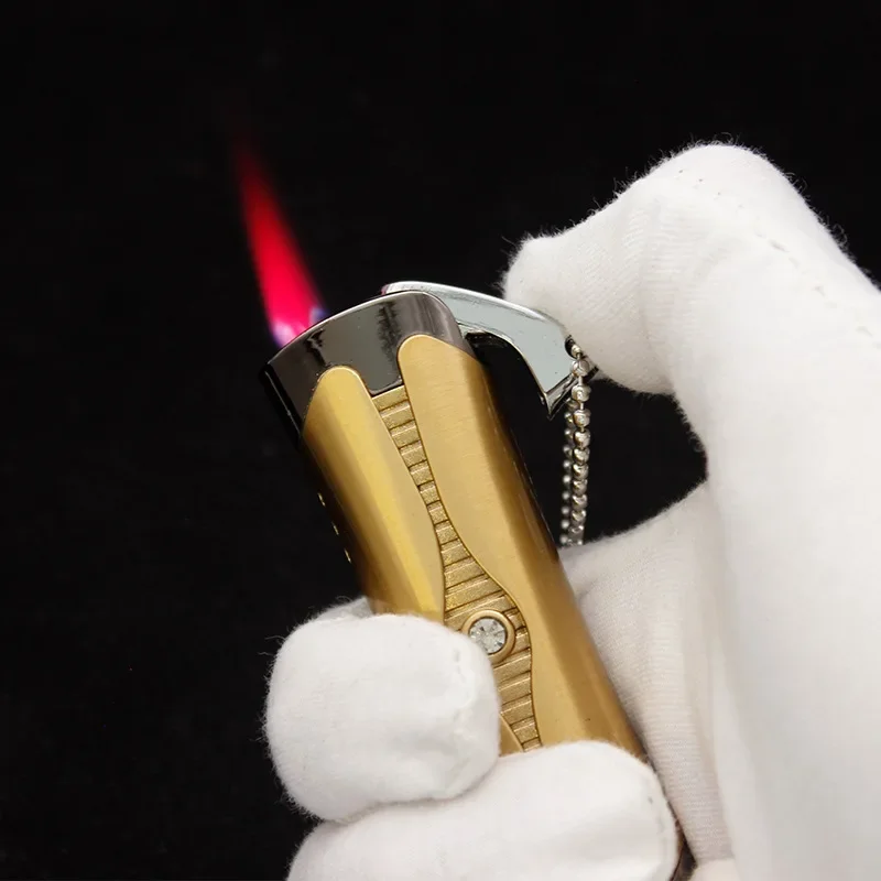 Portable Electroplated Metal Inflatable Lighter Windproof Jet Red Flame Wave Chain Diamond Inlaid Outdoor Lighter Men's Gift