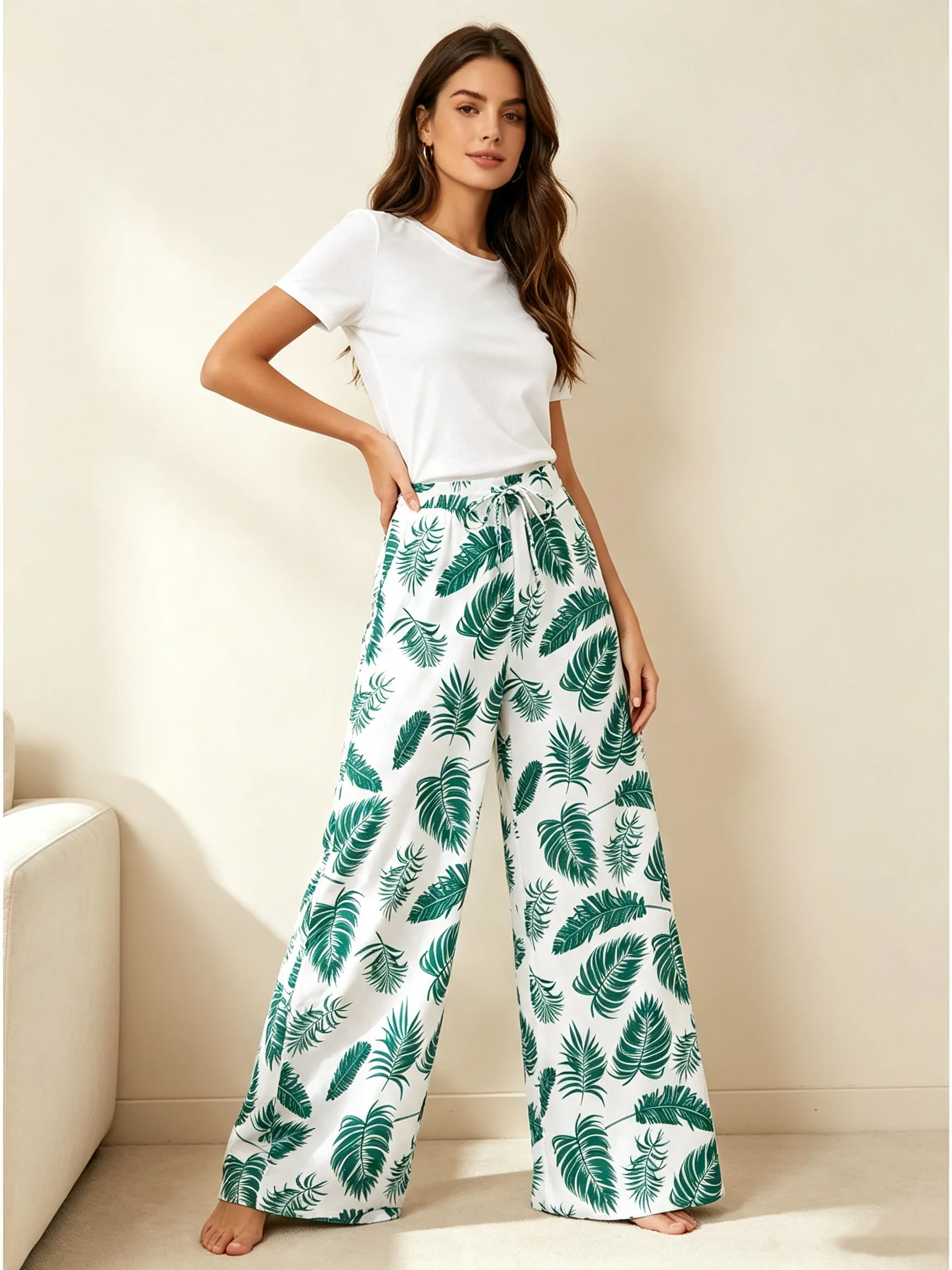 Women's Bohemian Leaf Print Wide Leg Pants Summer Casual Loose Comfortable Elegant Vacation Style with Strap