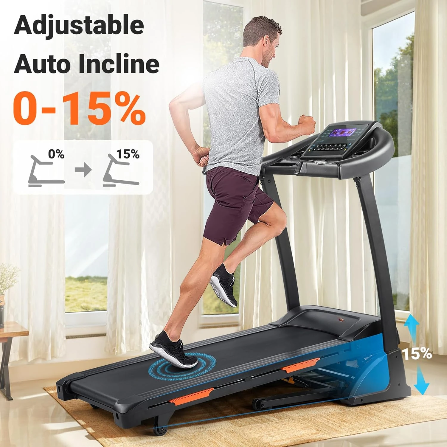 Incline Treadmill, Treadmill for Running and Walking, 300 lbs Weight Capacity Folding Treadmill with 0-15% Auto Incline,