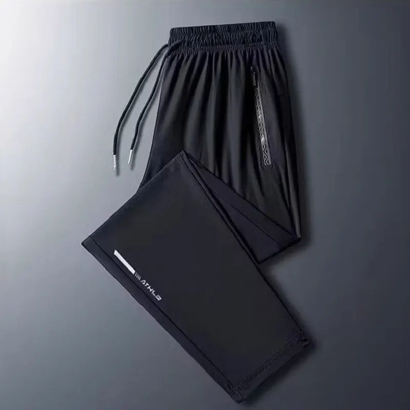 بنطلون رياضي رجالي فضفاض من الحرير الجليدي، سريع الجفاف، خفيف، طويل، غير رسمي، مناسب للعمل، مقاوم للأوساخ، مستقيم الساقين