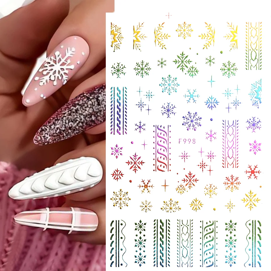 Christmas Glitter Nail Art Stickers 3D Self-Adhesive Color Laser Snowflake Striped Decals Xmas Winter Holiday Nail Supplies F998