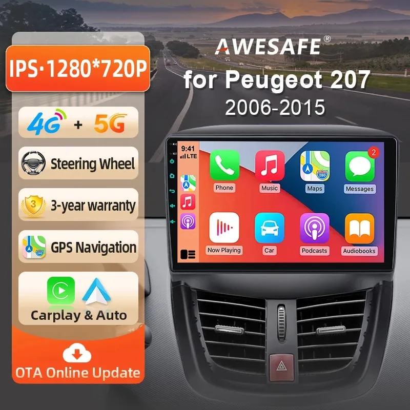 Autoradio sans fil AWESAFE CarPlay Android pour Peugeot 207 2006-2015 avec navigation GPS, Bluetooth, WiFi, démarrage rapide, DSP, FM, Plug & Play