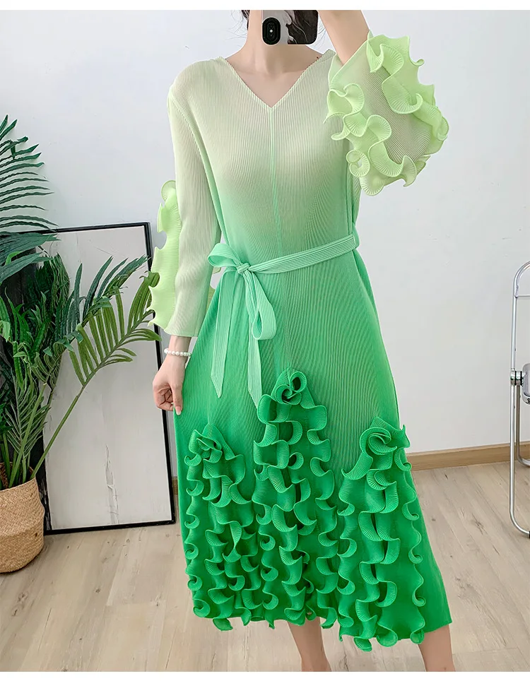 Miyake Fashion Gradient Draped Pleated Midi Dresses Women V Neck Floral Ruffles High Stretch Loose Lace Up Bandage Vestidos