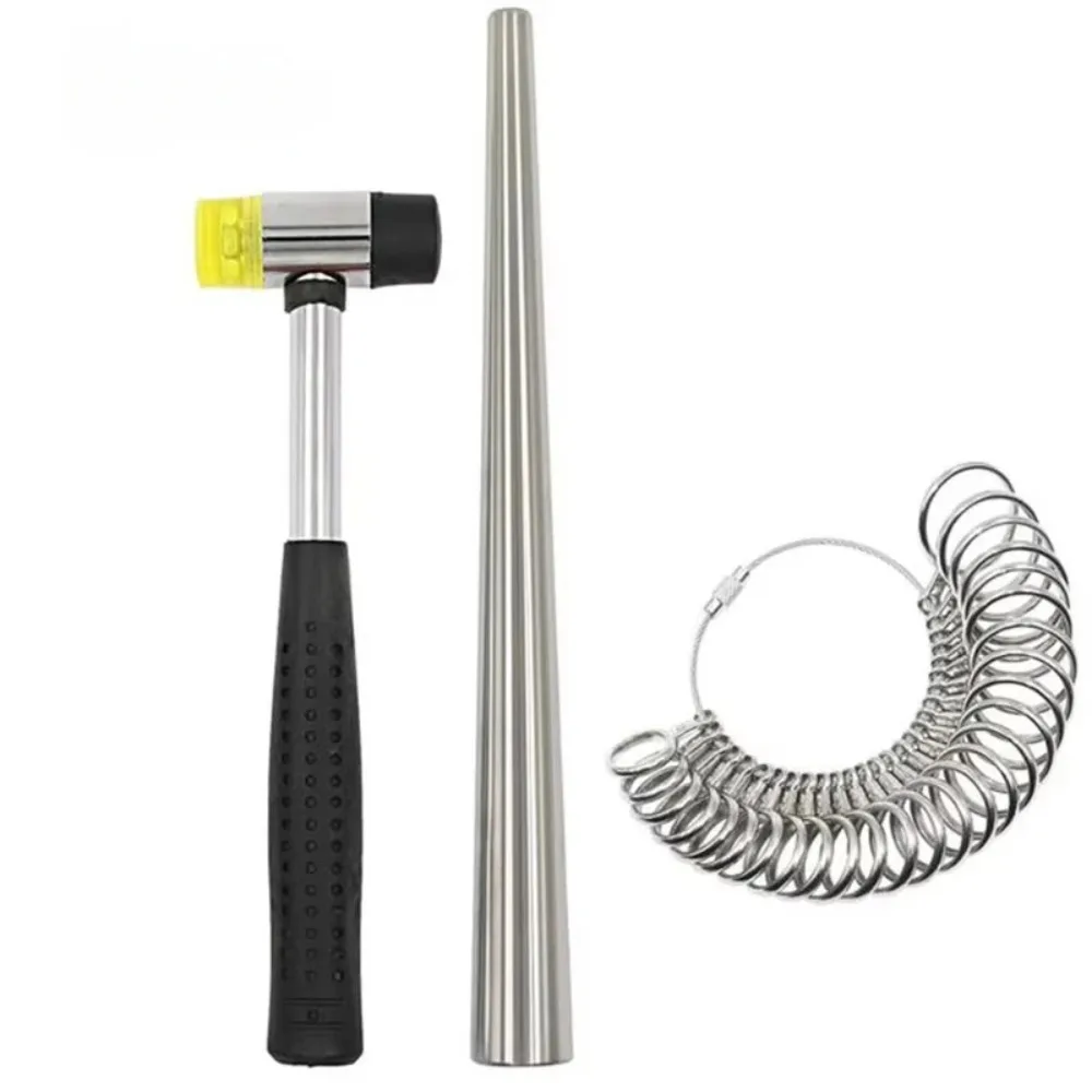 3Pcs Ring Repair Tool Kit Ring Mandrel with Dual Head Hammer & Ring Size Gauge for Ring Resizing Shaping DIY Jewelry Making