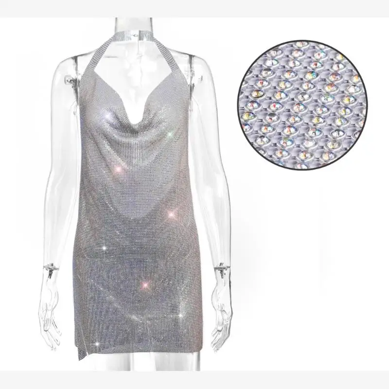 فستان مثير بحمالات وظهر مكشوف وتنورة معدنية لامعة للعروض المسرحية، زي نادي ليلي فضي، أزياء نسائية لربيع 2023