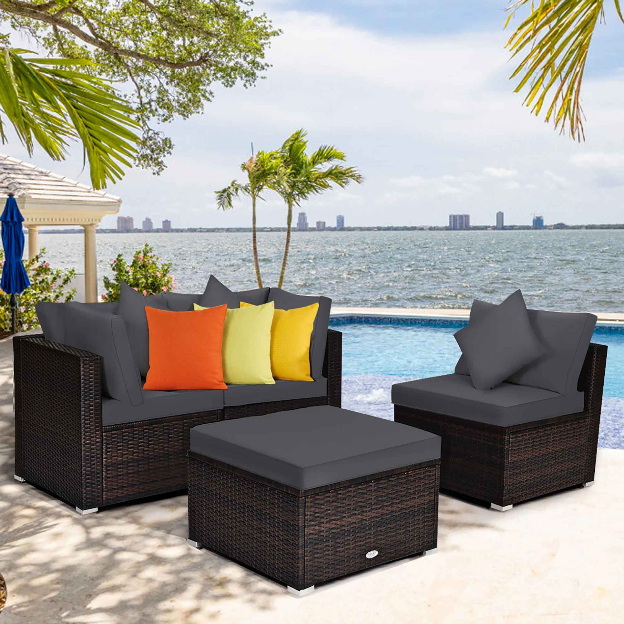 4PCS Patio Rattan Furniture Set Sofa Ottoman Cushion Garden Deck Grey