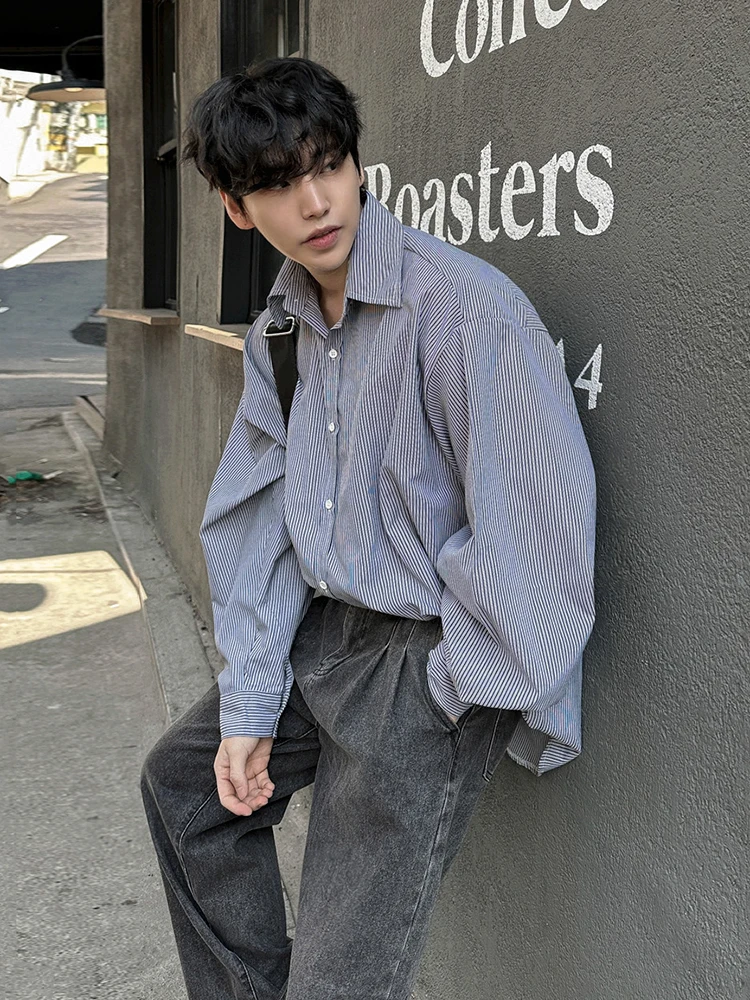 

Loose Long Sve Men's Casual irt Korean Sle Faionable Collar Top Striped Leisure Clothing for Autumn Wear by MRCYC