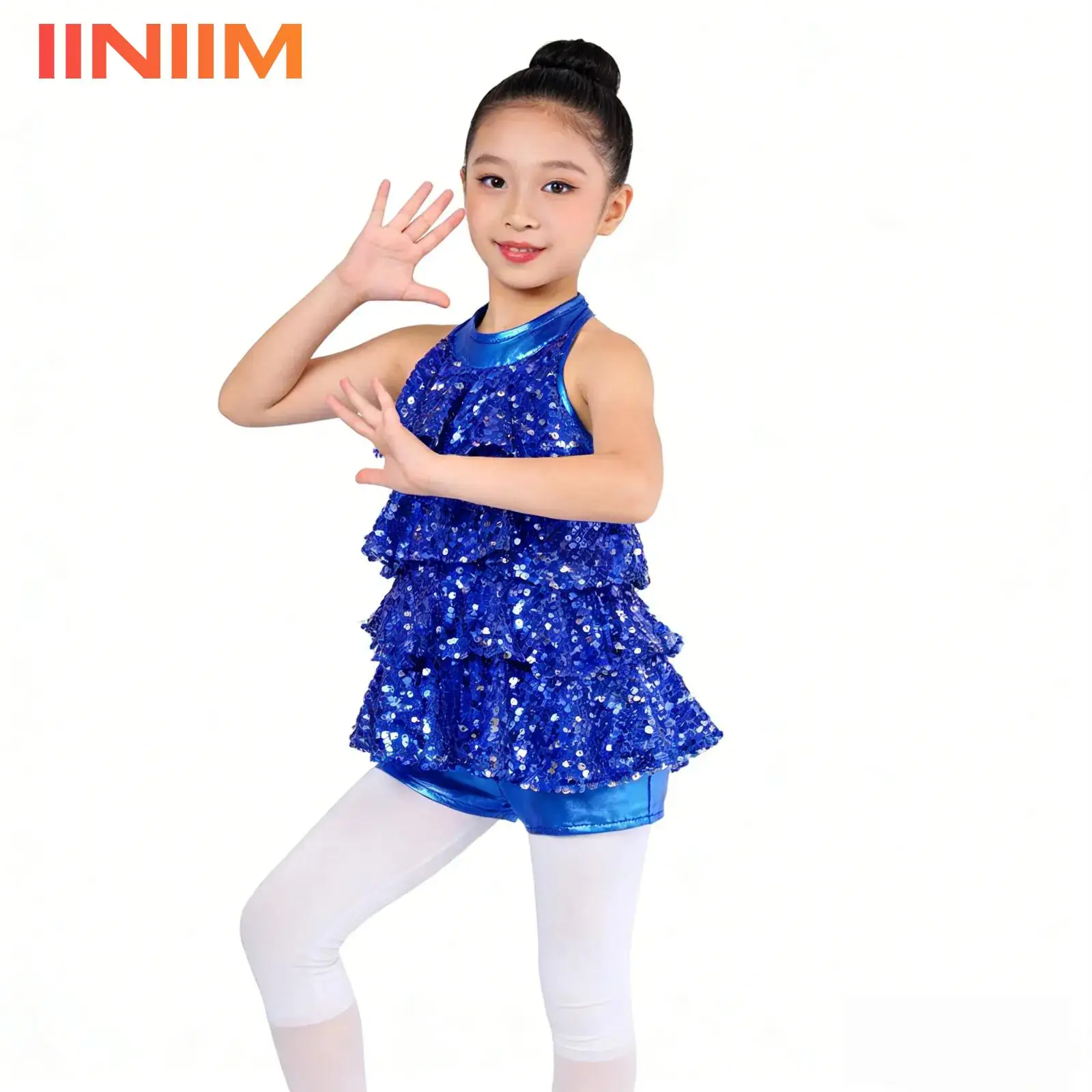 

Children Girls Sparkle Jazz Dance Dress Tiered Sequins Glittery Leotard Ballet Dance Shorty Unitard Dress Performance Costume
