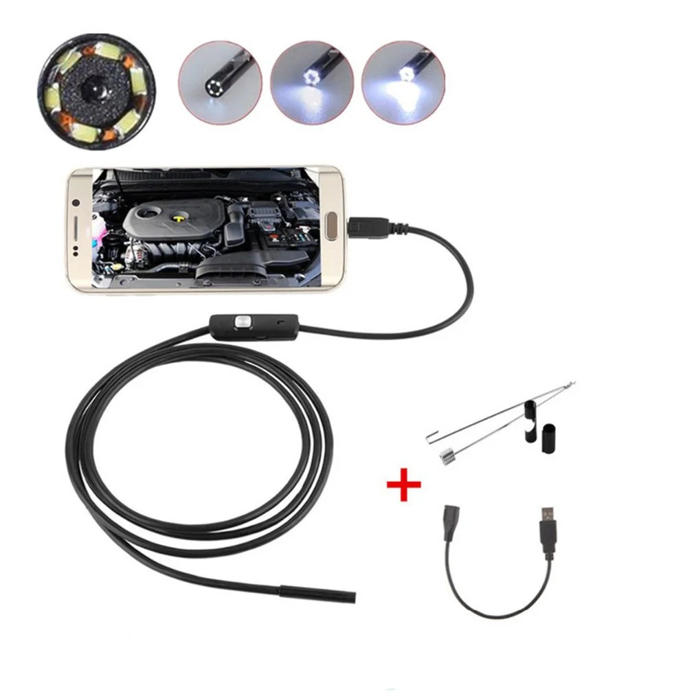 Mini Endoscope Camera Waterproof Endoscope Borescope Adjustable Soft Wire 6 LEDS 7mm Android Type-C USB Inspection Camea for Car