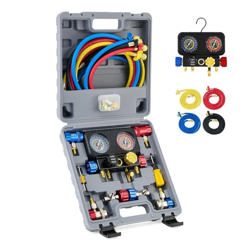 2025 hot sale R1234yf AC Gauge Set, 4 Way AC Gauges W Hoses R1234yf R134a Quick Couplers Self Sealing Can Tap for Freon Charg