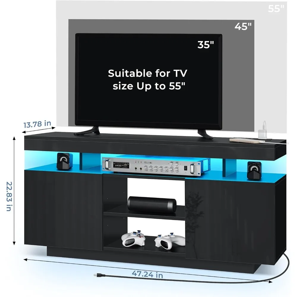 55-32인치 TV용 모던 LED TV 스탠드 (전원 콘센트, 수납공간, 게임 콘솔용 엔터테인먼트 센터 포함)