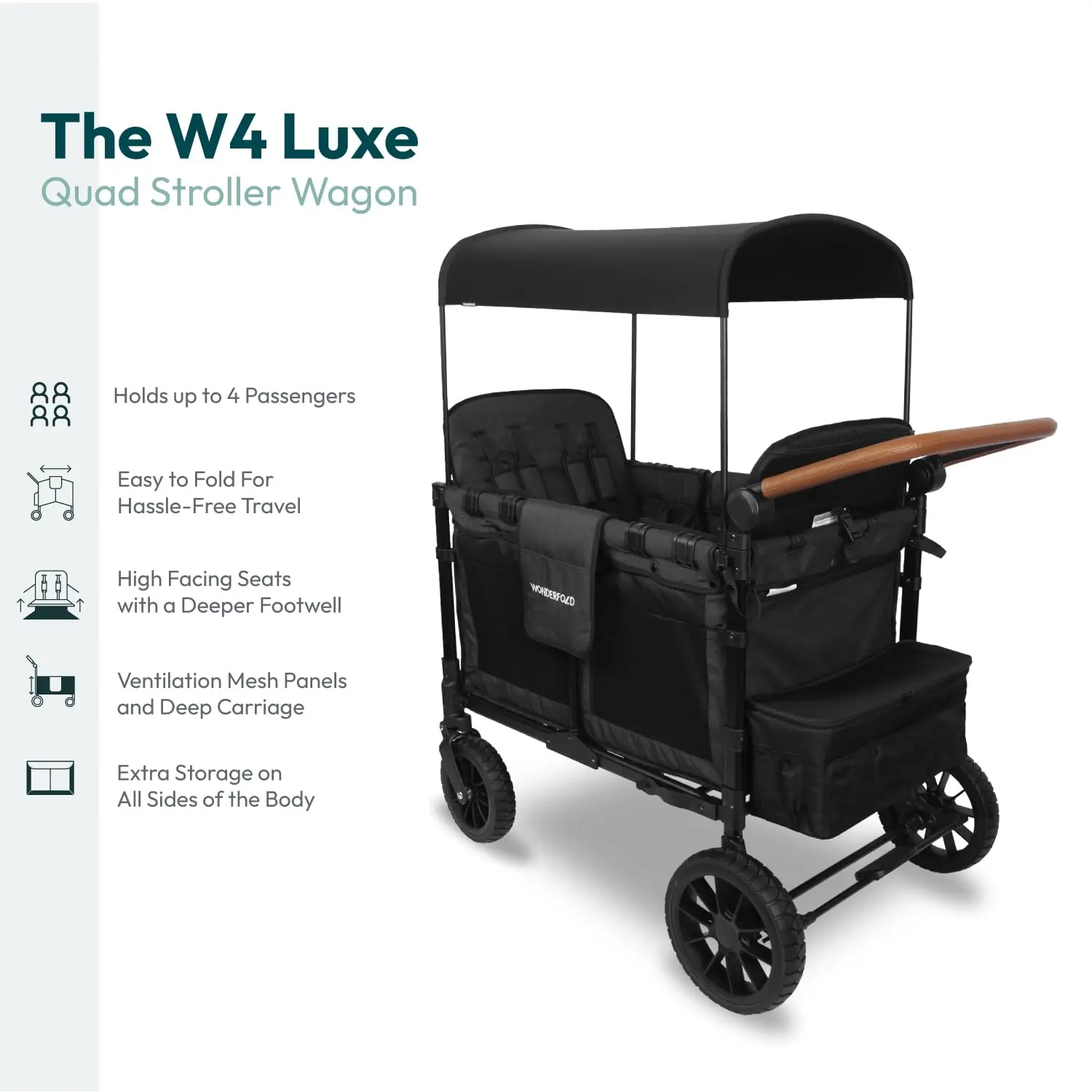 WONDERFOLD W4 Luxe Kinderwagen (4 Sitzer) – Zusammenklappbarer Kinderwagen mit Sitzplätzen mit Magnetschnalle, 5-Punkt-Geschirre und