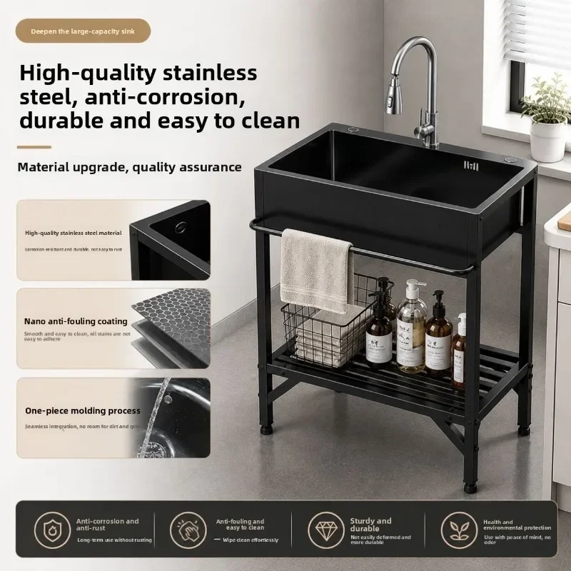 Integrated Freestanding Kitchen Sink Stainless Steel Black Single Bowl Stand Stainless Steel Sink Household Kitchen Washbasin