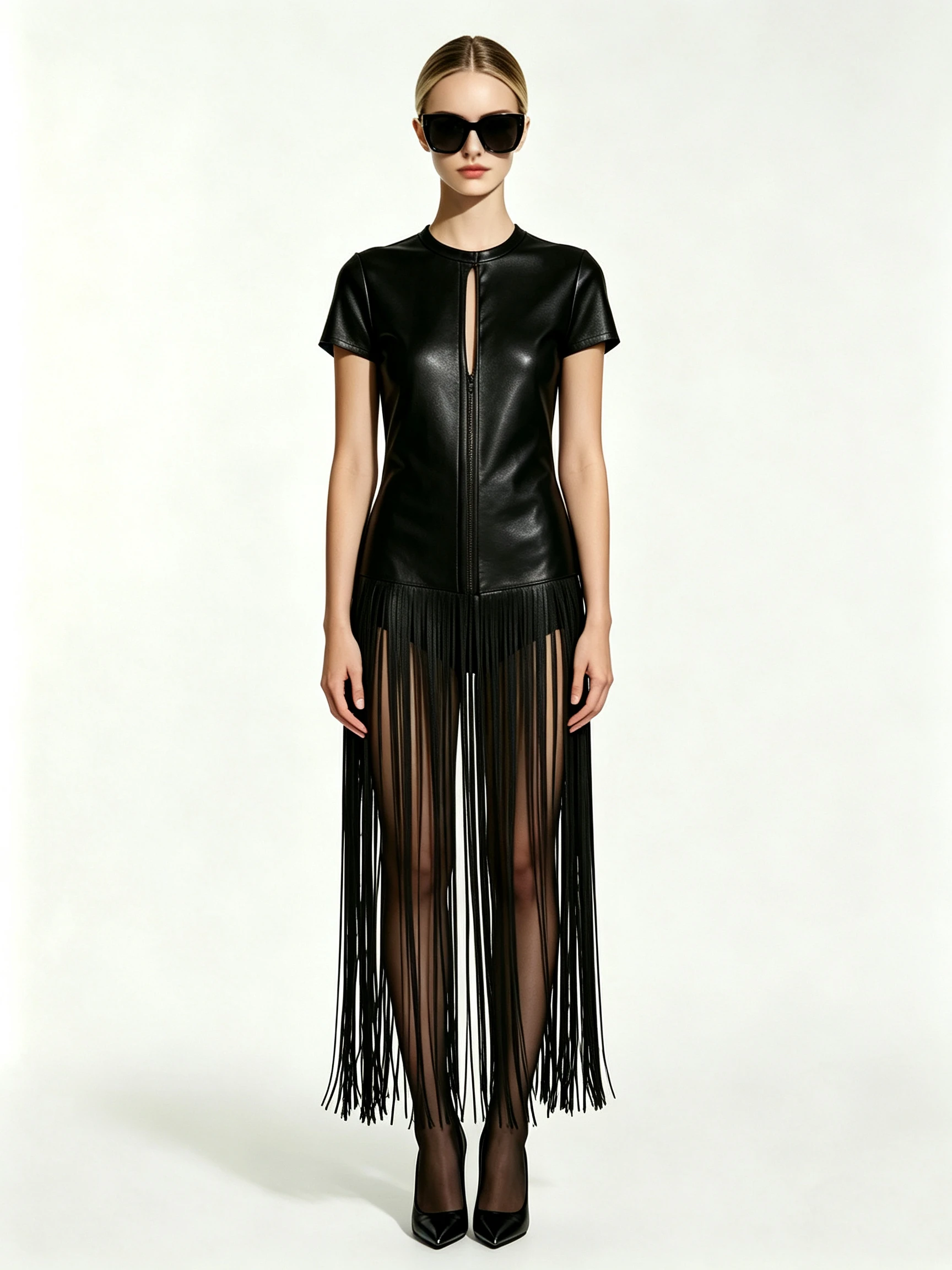 Women's Faux Leather Midi Dress with Short Sleeves and Long Fringe Detail