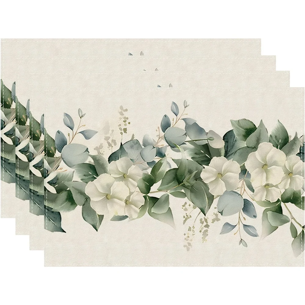 Elegant Sage Green Blossom Rectangular Placemat Set 4 Pieces Non Slip Heat Resistant Mat For Dining Room Use