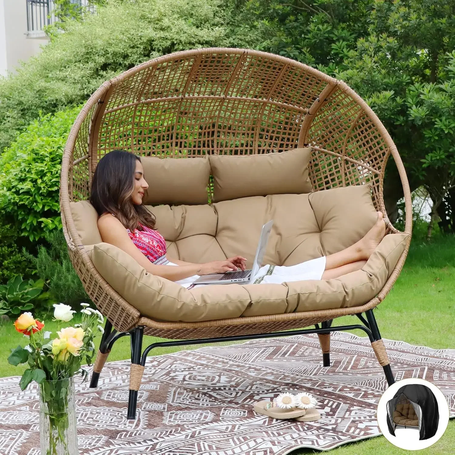 Double Egg Chair for Indoor/Outdoor Use, Oversized Loveseat with Thick Cushions, 680 lbs Capacity (Brown with Cover)