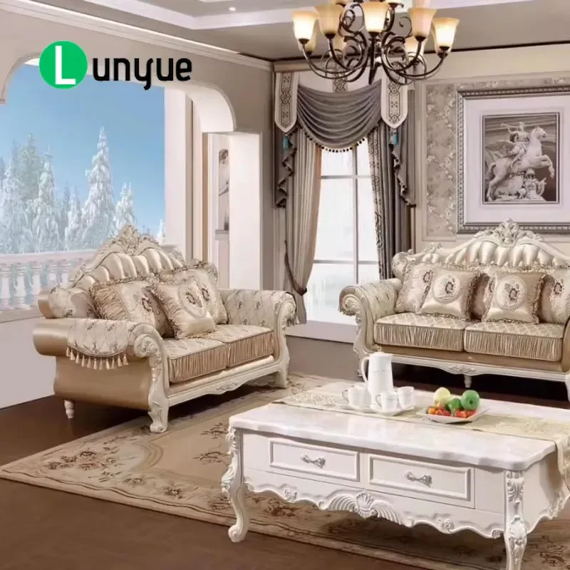 High Quality Classic Large European Home Fabric Wooden Soft Armrest Luxury Living Room Furniture Set Sofa