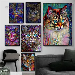 Abstract Colorful Pet Cat Art Canvas Painting Cat Pop Art Posters Prints Cute Animal Wall Art Pictures for Living Room Decor