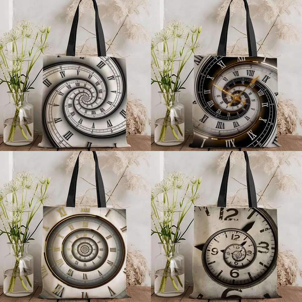 Aged Spiral Clock Face Storage Bags Canvas Double-Sided Print Fashion Shoulder Tote Shopping Bag Gift Eco Handbags