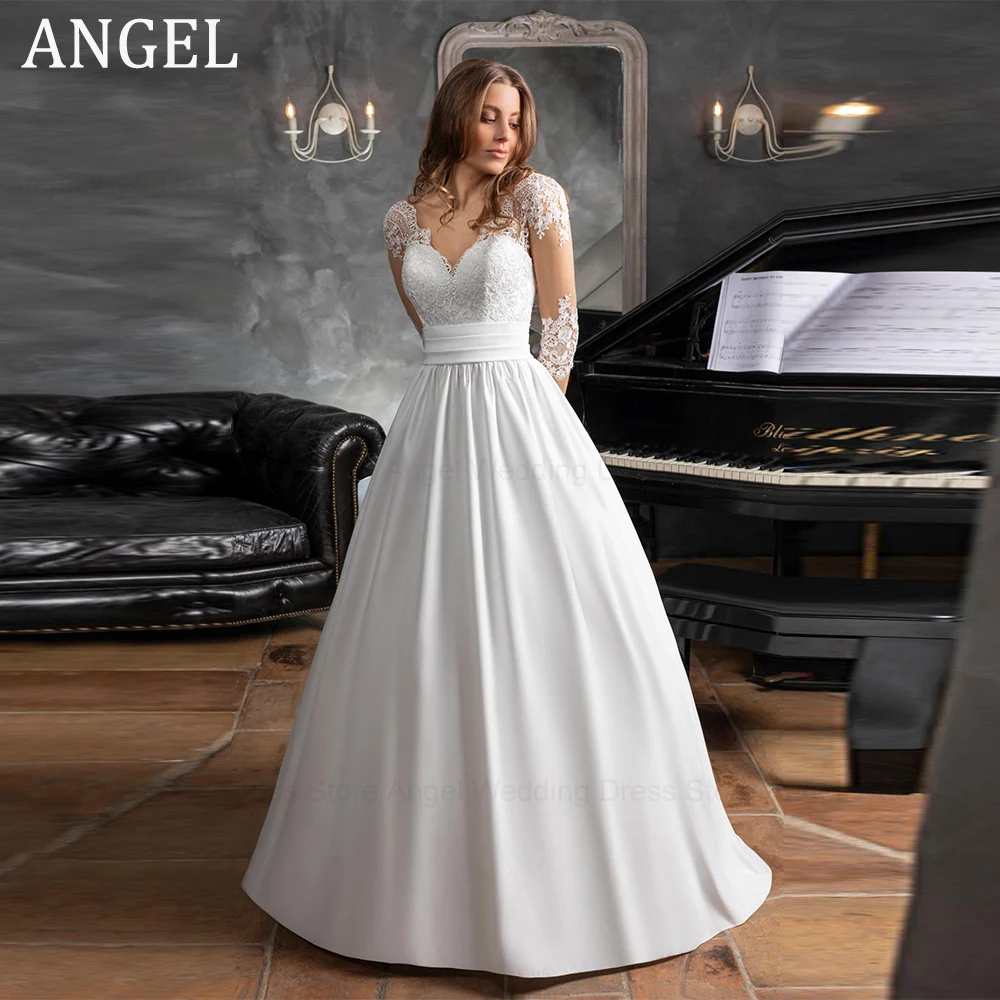 ANGEL Elegant Boho Wedding Dresses For Women 2025 Customized V- Neck Appliques Lace Illusion Button Belt Vestidos De Novia Satin