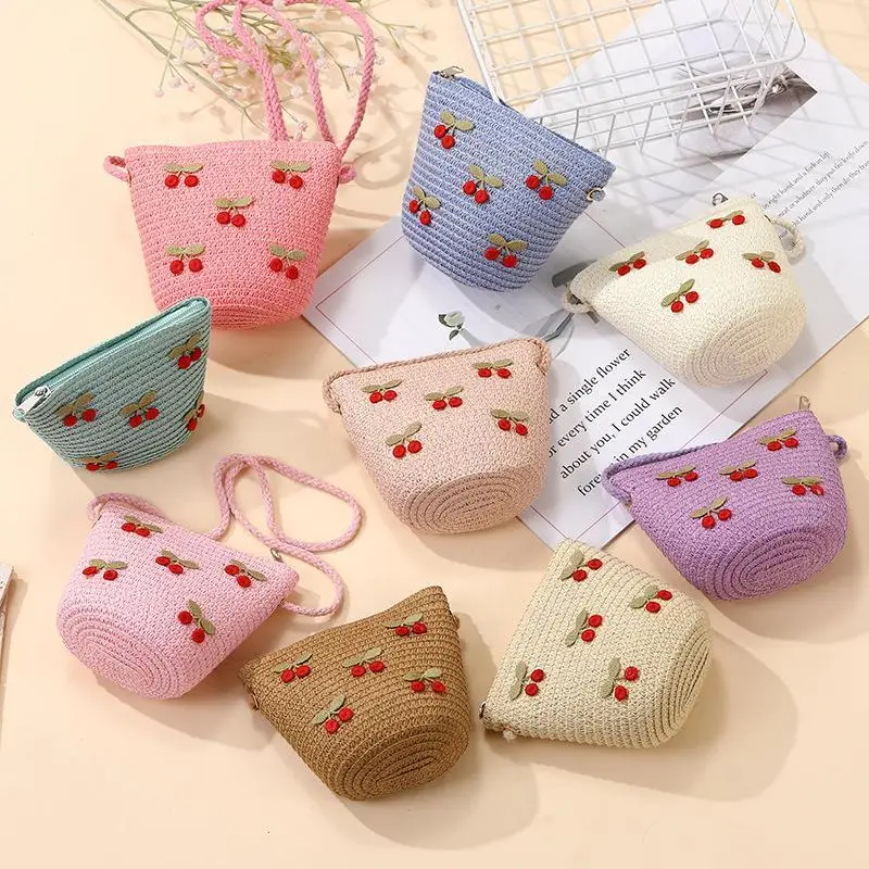Children Foldable Woven Straw Bag Summer Girl Shoulder Bags Red Cherries Kids Handbags Beach Travel Crossbody Bags Small Wallets