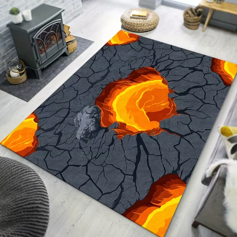 2D Volcano Lava Crack Area Rug Burning Magma Cracked Ground Print Soft Floor Mat Cool Art Carpet for Living Room Bedroom