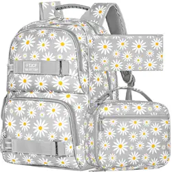 3PCS Daisy Girls Backpack, 17 Inch Laptop School Bookbag Teen College Water Resistant Kids Backpacks with Lunch Box Set - Grey