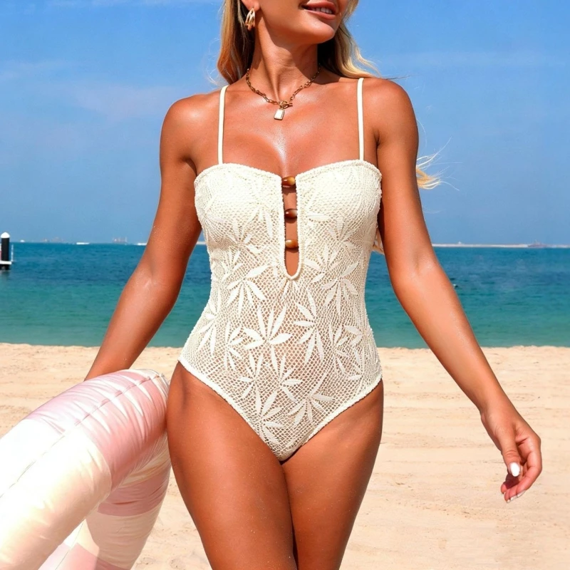One Piece Swimsuit Womenpush Up  Leaves Jacquard  Swimming Suits High Leg Cut Bather Slim Bathing Suits Beachwear