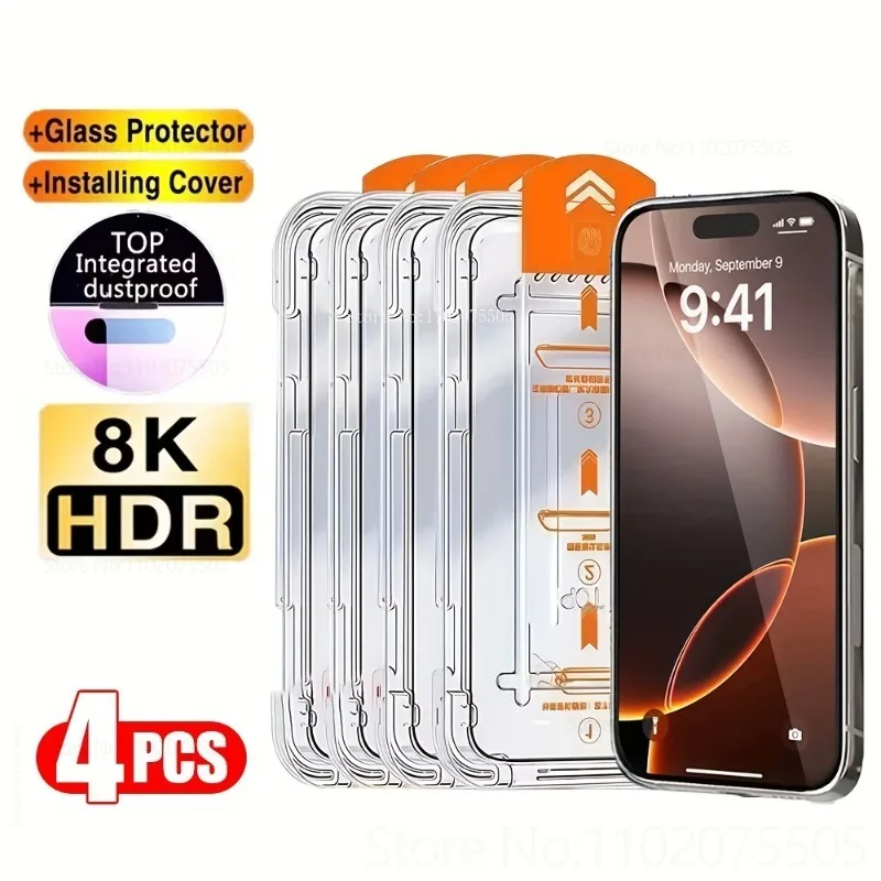 4 Stück Ultra HD gehärtetes Glas für iPhone 16 Plus 17 Promax 14 Plus 15 Promax 11 12 Mini 13 Promax XR XS X Staubfreie Installation