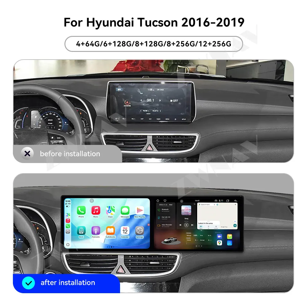 

Двойной 10,1-дюймовый автомобильный радиоприемник CarPlay QLED Android 15 для Hyundai Tucson 2016-2019, GPS-навигация, стерео мультимедийный плеер, головное устройство