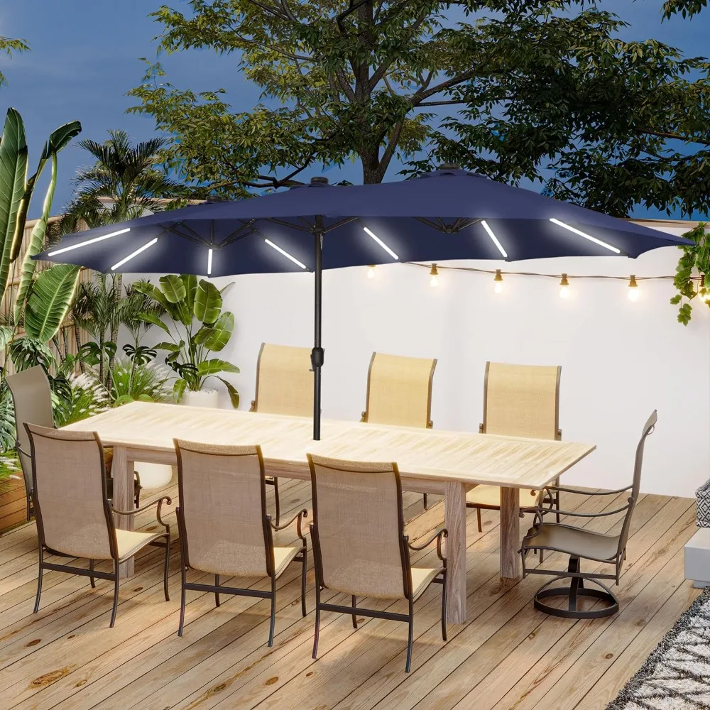 

Patio Umbrella 15 FT Patio with Solar LED Strip Lights Rectangular with Base, Double-Sided Extra Large Twin, Outdoor Umbrella