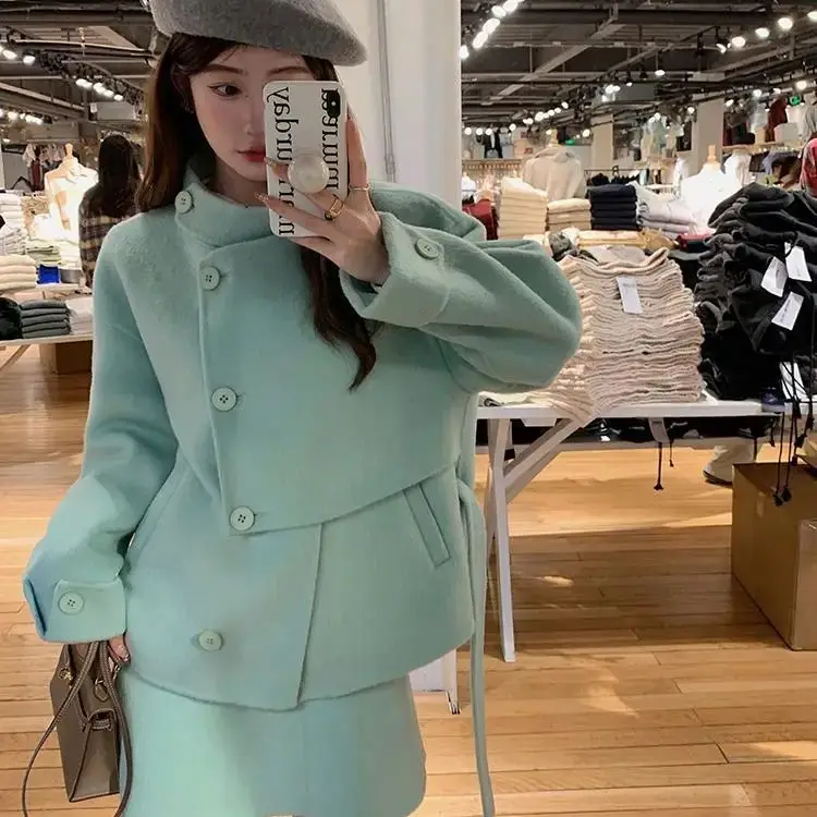 

Two-Piece Green Irregular Woolen Coat Fishtail Skirt Women Spring Autumn New Loose Niche Design Long Sleeve Suit