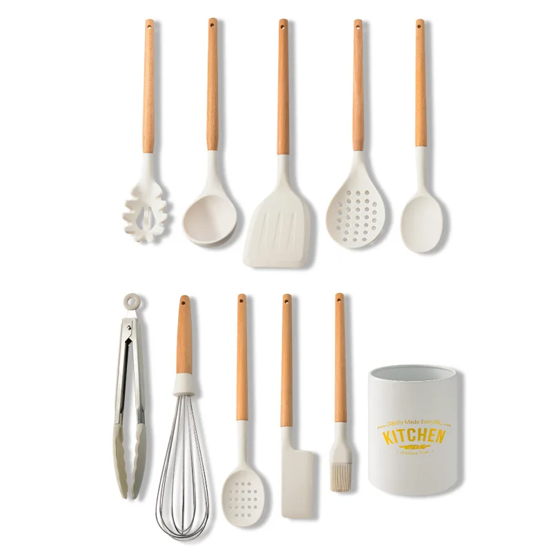 White Cooking Kitchenware Tool With Wooden Multifunction Handle Non-Stick Spatula Ladle Egg Beaters Shovel Silicone Utensils Set