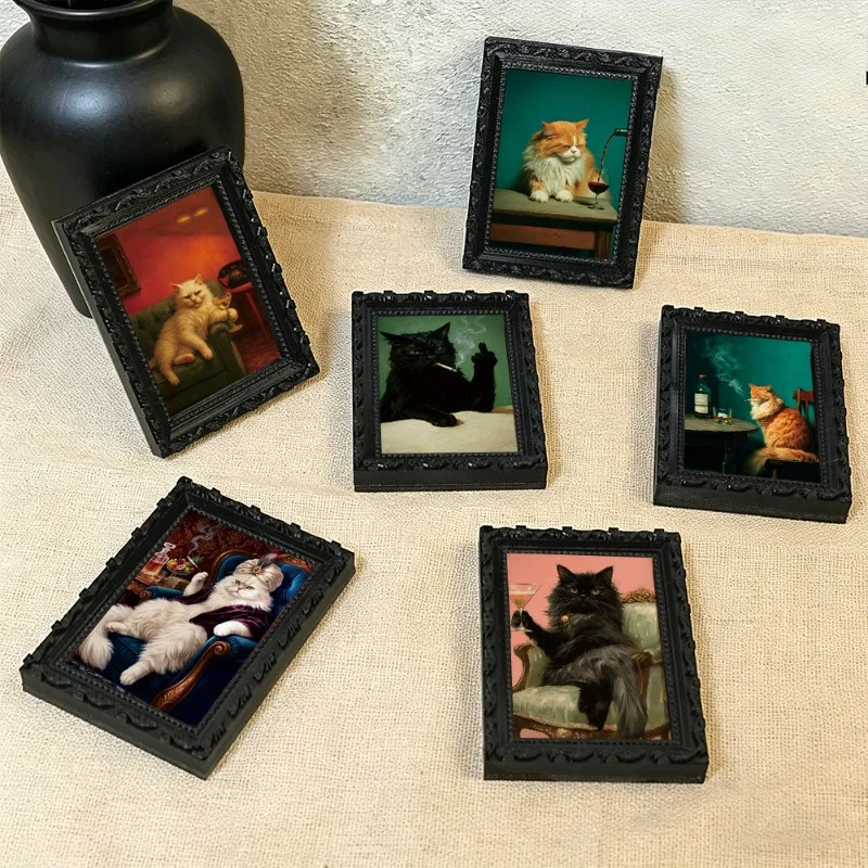 Black Cat Refrigerator Magnet Cat Decorative Magnet in Frame Form Halloween Home Kitchen Decoration Wooden Fridge Magnet