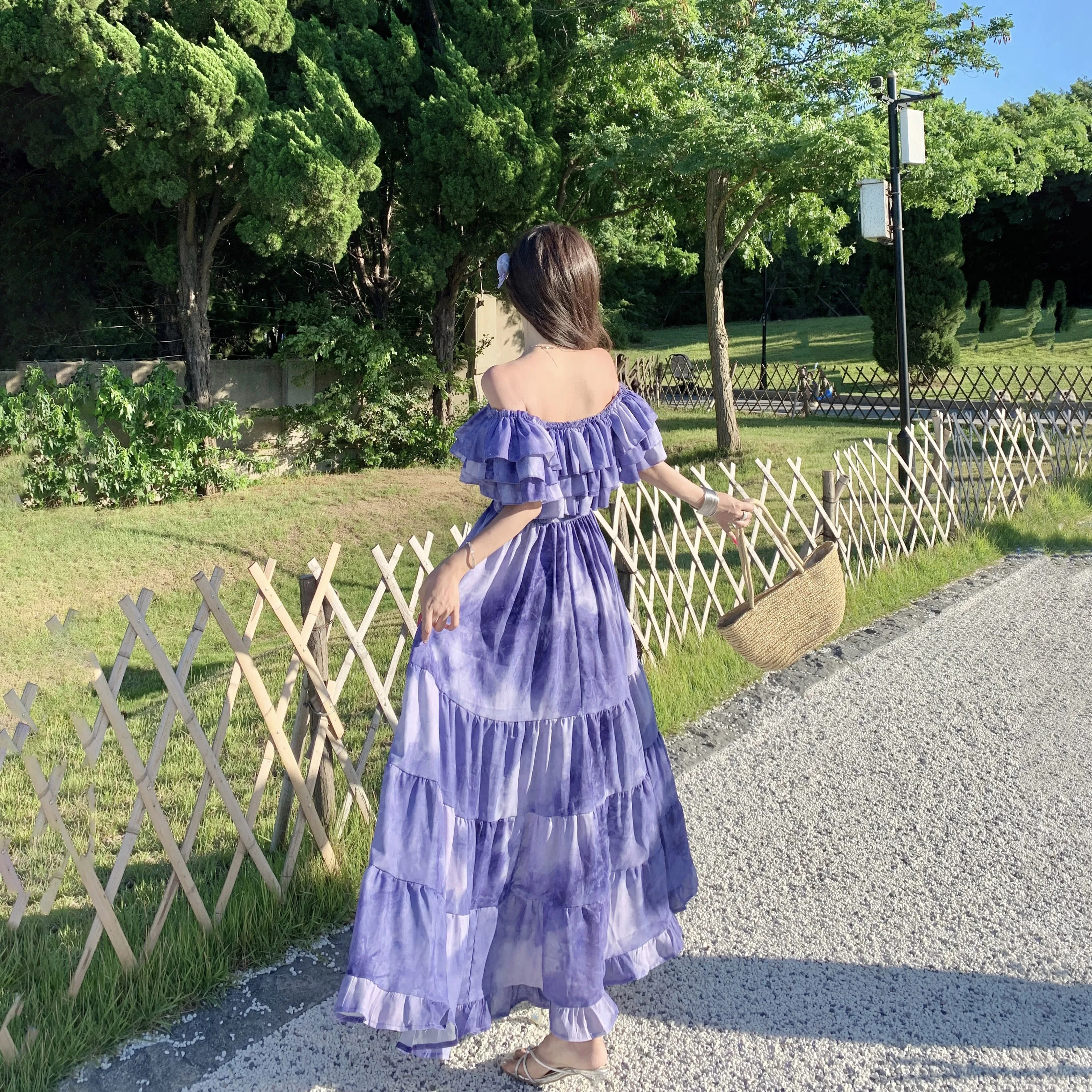 Feminino roxo tie-dye francês em camadas vestido babados reúne elegante robe para eventos slash-neck sem costas chique verão na moda outfit