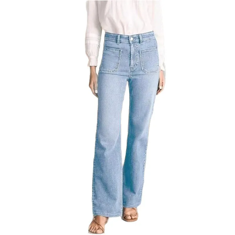 Mulheres denim jeans sólido jean bolso zíper voar império cintura comprimento total calças retas médio estiramento senhora do escritório 2025 outono