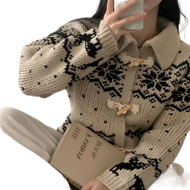 

Korean Winter Nordic Style Ultra-Thick Notch Collar Button-Down Snowflake Knitted Open Cardigan Women's Warm Sweater Coat