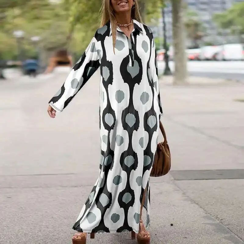 Dz014 Plus Size damska klapa z długim rękawem rozcięcie luźna sukienka zroszony 2025 Party lato eleganckie Casual Y2k