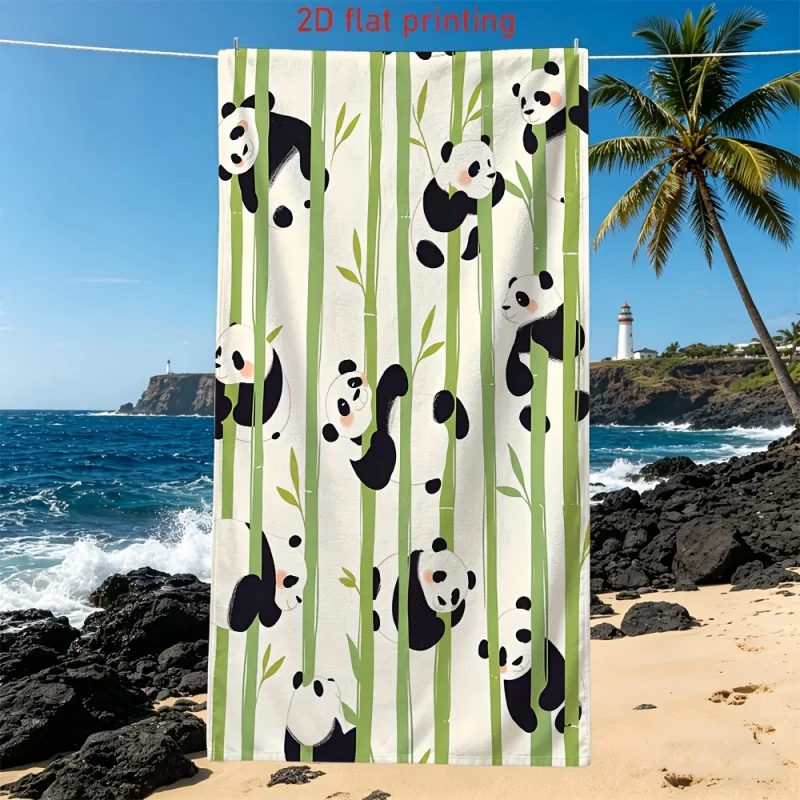 Cartoon Panda Bamboo Striped Beach Towel Cute Animal Print Lightweight Travel Bath Towel