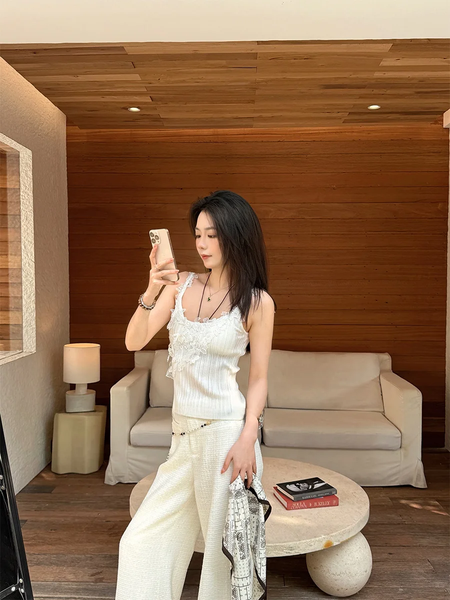 

Женский модный топ Linziqiu Float Clouds Dream с 3D-вышивкой, кружевными вставками и U-образным вырезом, вязаный, на бретелях