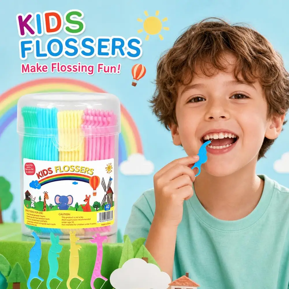 40Pcs Children's Dental Floss Four Cartoon Animal Shape Toothpicks Interdental Floss Clean Teeth Tool Super Thin Floss Stick