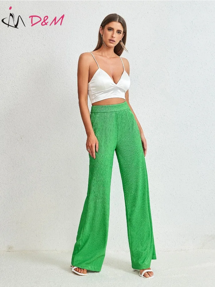 

D&M Spring Summer Women's Casual Elegant Green Designer Loose Straight Cylinder Elasticity High Waist Trousers