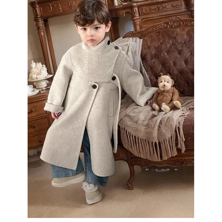 Winter Autumn Boys Girls Long Fashion Cotton Woolen Coat Baby Kids Princess Korean Style Thickened Bow Coat Children Warm Jacket