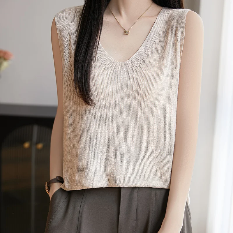 المرأة 100% سترة كتان الخامس الرقبة سترة قصيرة أسلوب بسيط الصيف الباردة سترة الراقية بلون بلوزة الملابس النسائية