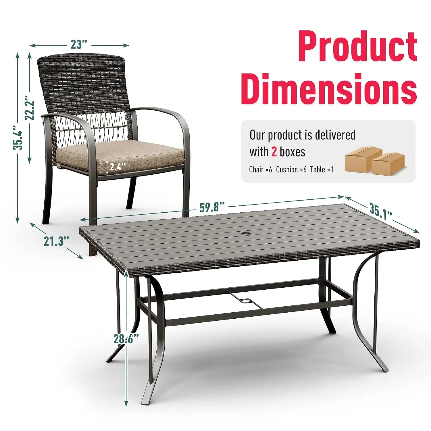 Outdoor Wicker Patio Dining Set 7 Piece Iron Slat Table Removable Cushion Backyard Garden Deck Poolside Beige, Customized