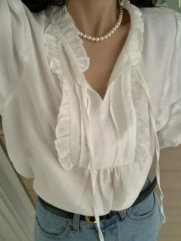 2023 Sweet Chic Shirts Lace Up Korean Fashion Women Blouses Spring Summer Elegant Lady Vintage White Tops (G3582