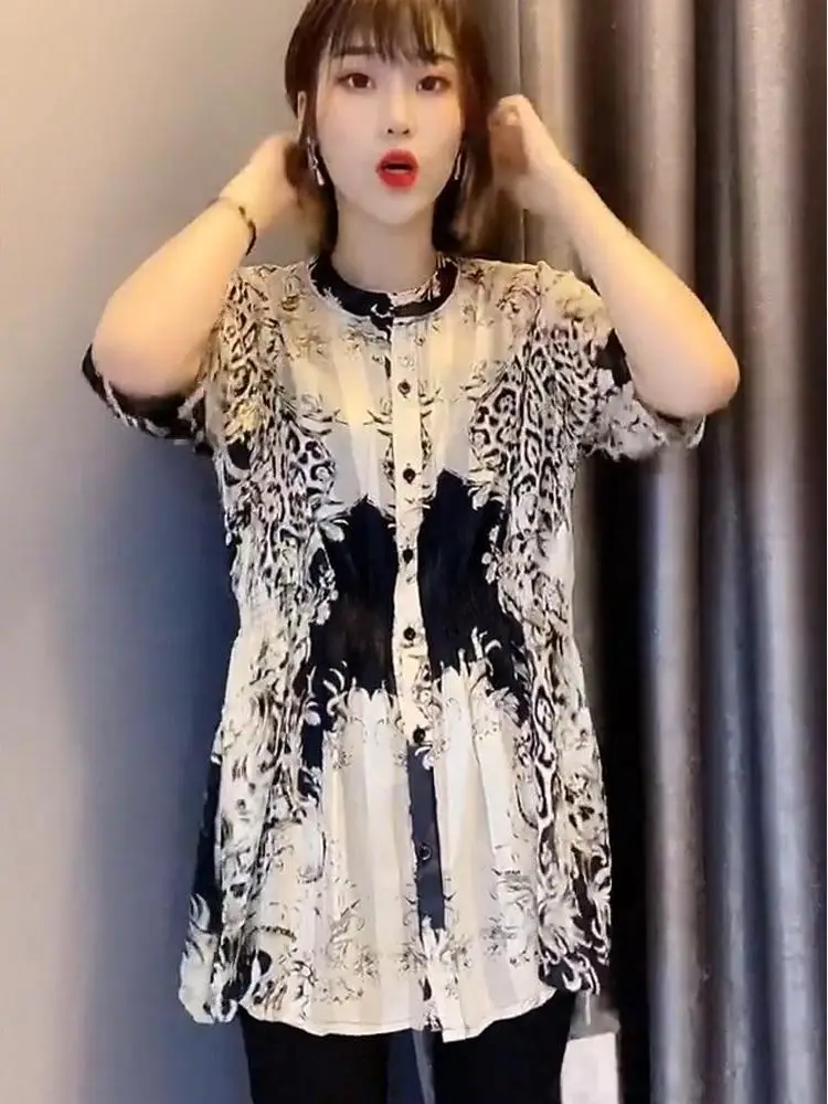 الربيع الصيف المرأة فضفاضة تناسب الشيفون irt ort Sve ميدي طول تصميم الكورية Sle قميص مطبوع عصري Faion