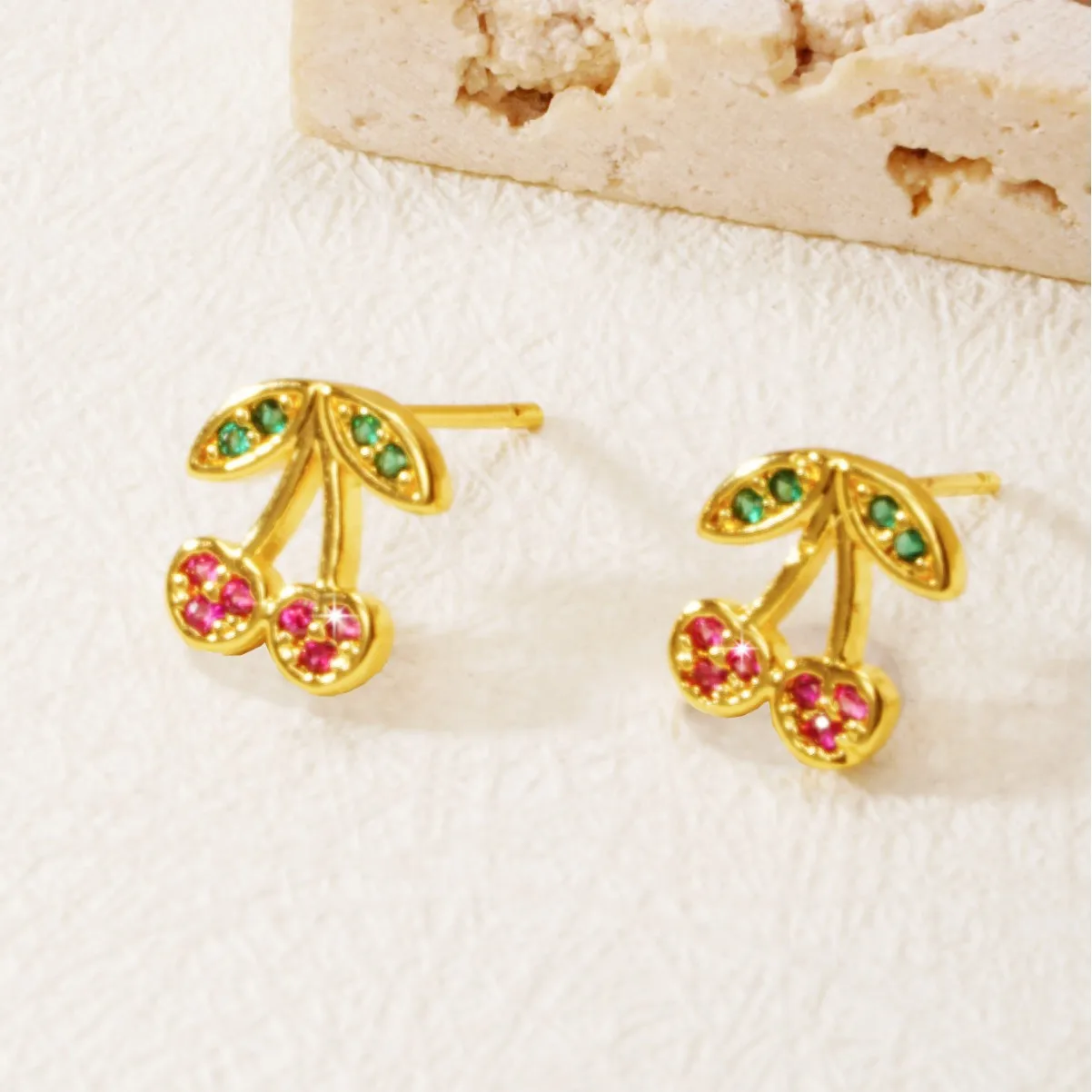 Cross-border fruit earrings, small zircon premium cherry copper earrings, cherries stud earrings, inner spiral earbone studs.